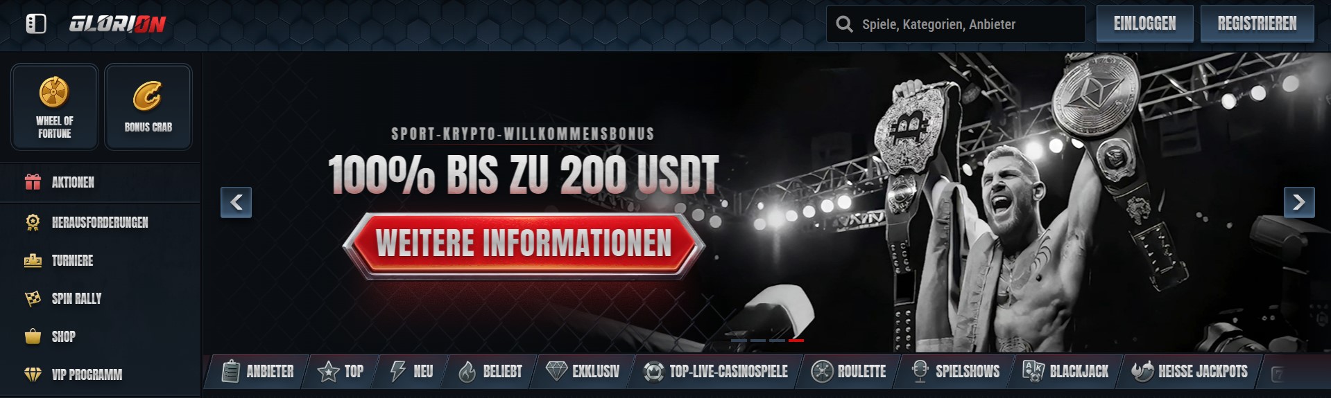 Promotionsbanner für die Online-Gaming-Plattform GLORION mit einem Sportler, der Krypto-Championship-Gürtel mit Bitcoin- und Ethereum-Symbolen präsentiert, um moderne Casino- und Kryptowährungselemente zu verbinden.